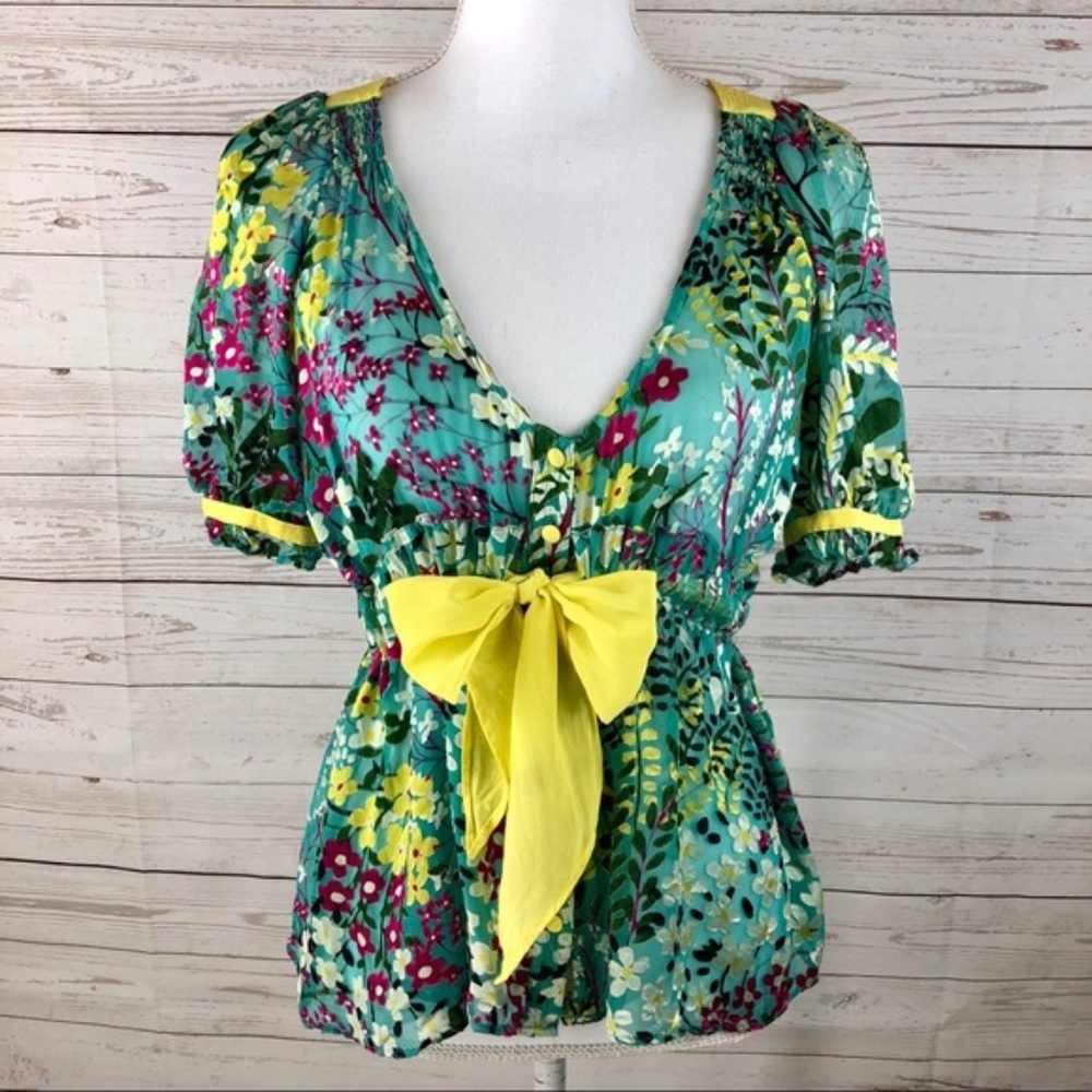 Jaloux Vintage Silk Green Floral Peplum Bow Top SZ M